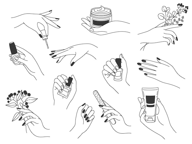 Manicura y cuidado de manos. logotipos femeninos para cosméticos de uñas y salón de belleza spa. manos pintan, liman las uñas, sujetan el esmalte y la crema, conjunto de vectores. haciendo manicura con esmalte de uñas, loción.