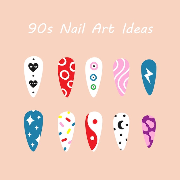 Manicura de ideas de arte de uñas de los 90 juego de manicura de colores brillantes