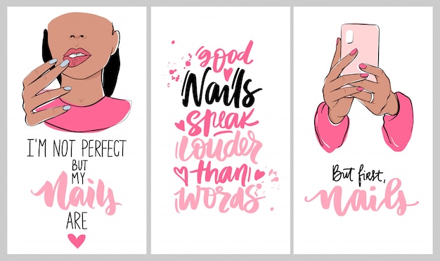 Uñas y manicura con manos de mujer, frases escritas a mano. fondo de  pantalla para redes sociales o fondos de historias de redes | Vector Premium