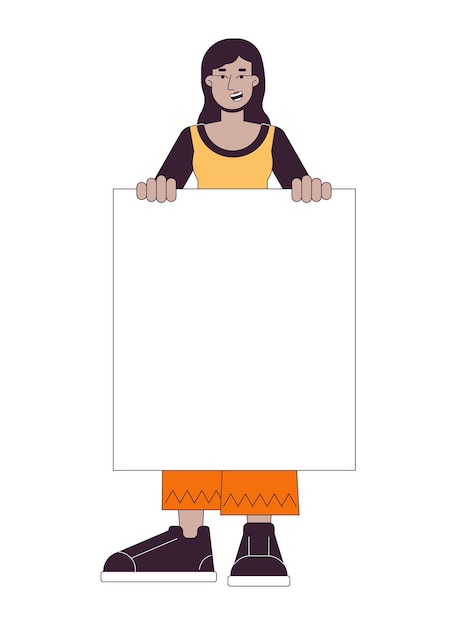Manifestante femenina alegre personaje vectorial de color de línea plana Mujer con eslogan vacío en blanco Contorno editable persona de cuerpo completo en blanco Ilustración simple de spot de dibujos animados para diseño gráfico web
