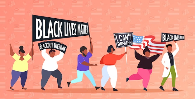 Vector los manifestantes afroamericanos con vidas negras importan pancartas que protestan contra la discriminación racial