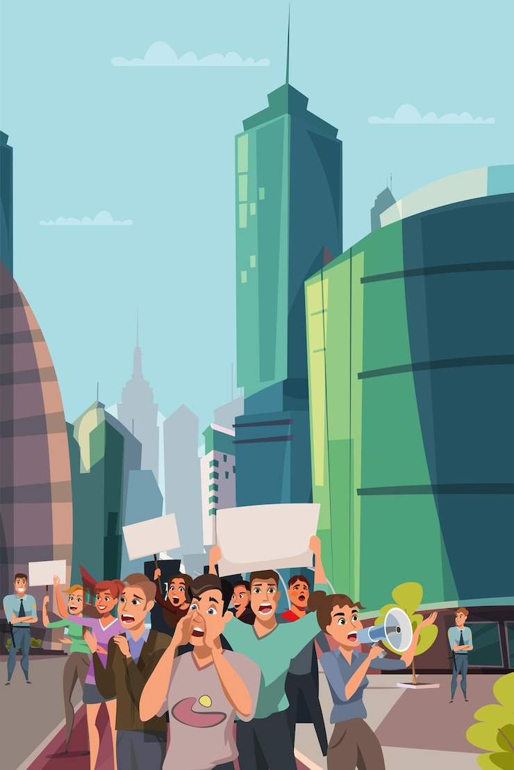 Vector manifestantes de ilustración de protesta de la ciudad sosteniendo pancartas mujer gritando en megáfono manifestantes con carteles y altavoces en el centro de la ciudad moderna