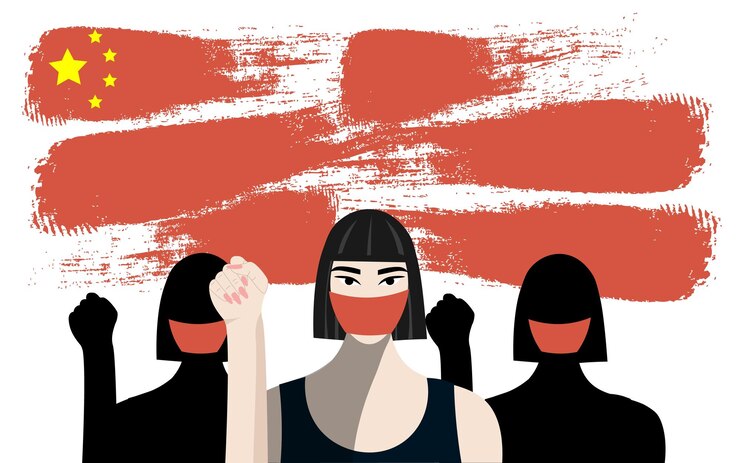 Vector manifestantes con puños levantados en máscaras contra el fondo de la bandera chinaprotesta por epidemia de virus peligroso