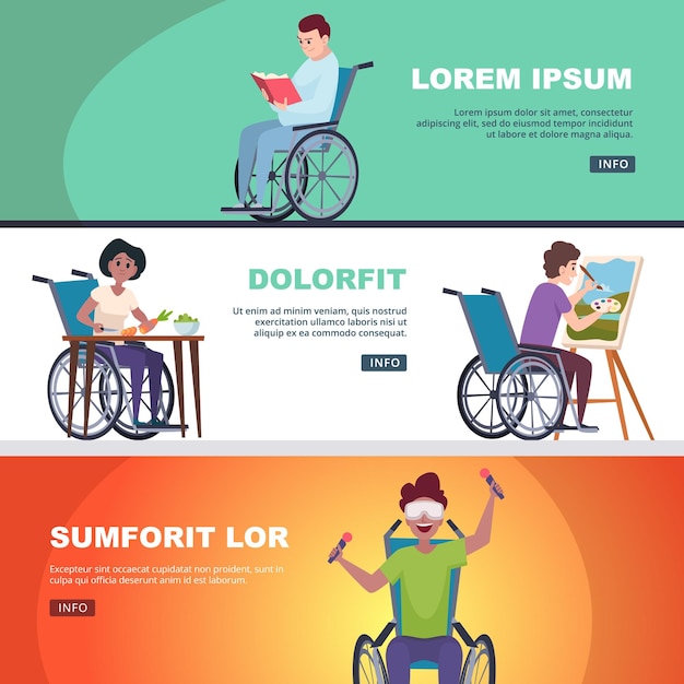 Manifestos de personas discapacitadas Diferentes actividades de personajes discapacitados en sillas de ruedas Leer, jugar y dibujar