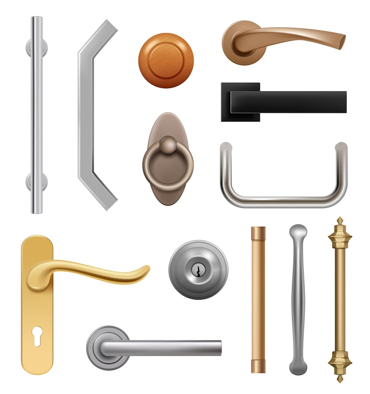 Vector manijas de puerta. 3d muebles modernos elementos de madera y metal interior símbolos manijas vector realista. ilustración de elemento de mueble de manija y soporte de puerta