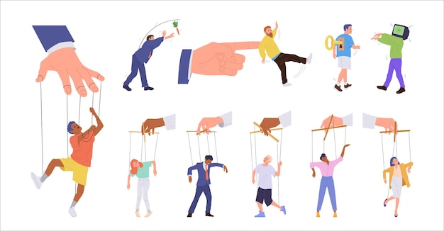 Manipulación de personas abuso e influencia mental vector ilustración aislada en fondo blanco