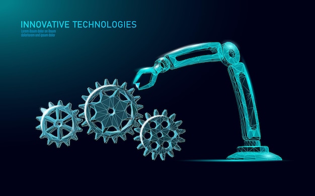 Manipulador de baja poli del brazo del robot. Ensamblaje de construcción de piezas en forma de triángulo. Puntos poligonales conectados 3D render ilustración de vector de mano de tecnología de innovación de maquinaria artificial robótica.