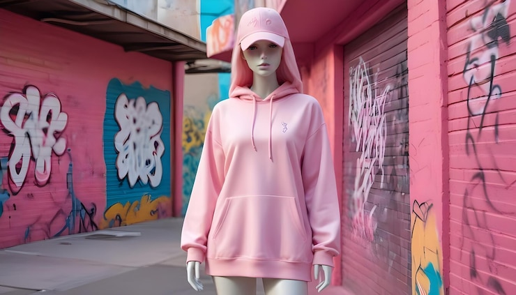 Vector un maniquí con una sudadera rosada y una gorra rosada de pie en un callejón lleno de grafitis coloridos