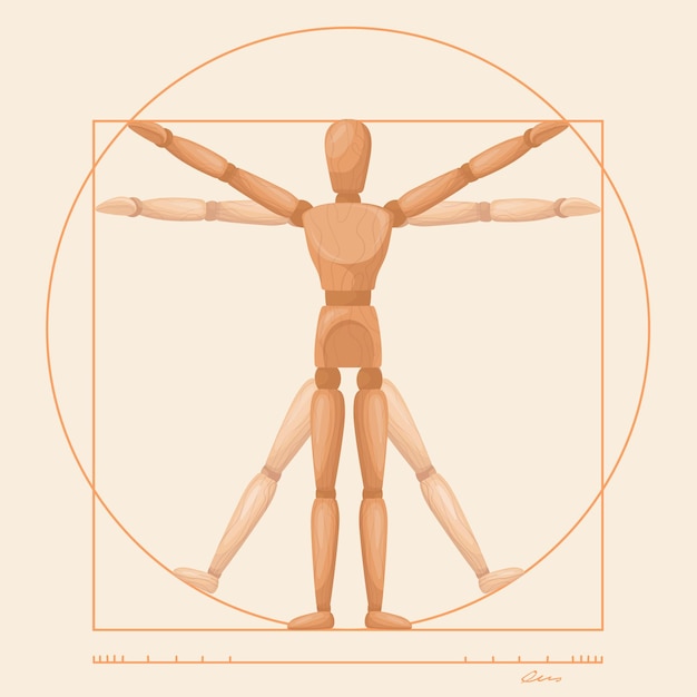 Vector maniquí de vitruvio escultura de madera leonardo da vinci muñeca modelo de anatomía humana del cuerpo hombres proporción flexibilidad poses figura conjunta títere para gimnasio ilustración vectorial de proporción renacentista