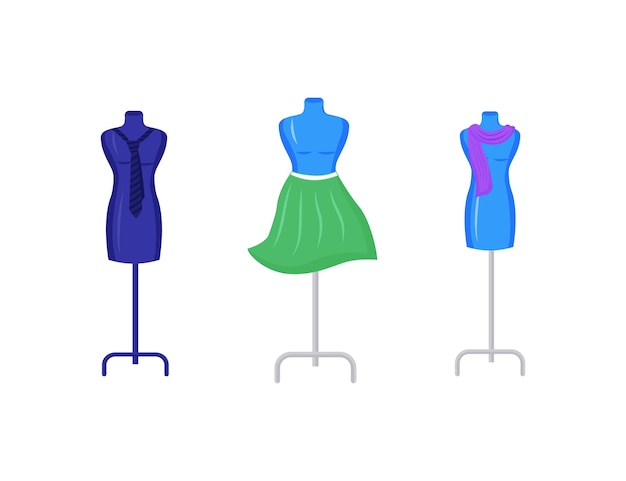 Maniquíes con conjunto de objetos de color plano de prenda. Reparación y confección de ropa en modelo. Diseño de moda estudio decoración dibujos animados aislados