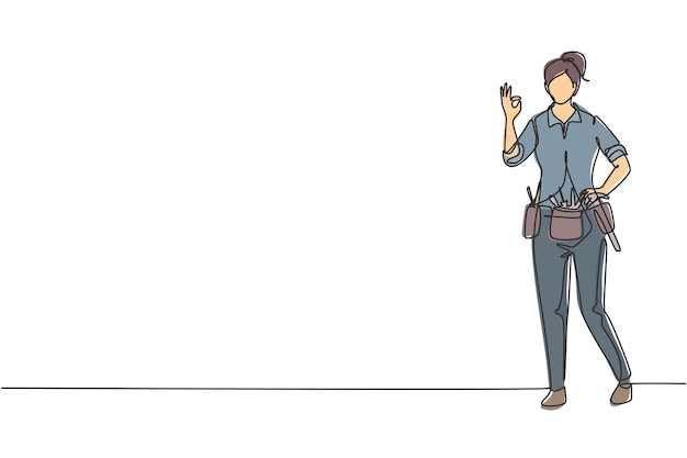 Una manitas de dibujo de una sola línea continua se para con gesto bien y herramientas como alicates vectoriales