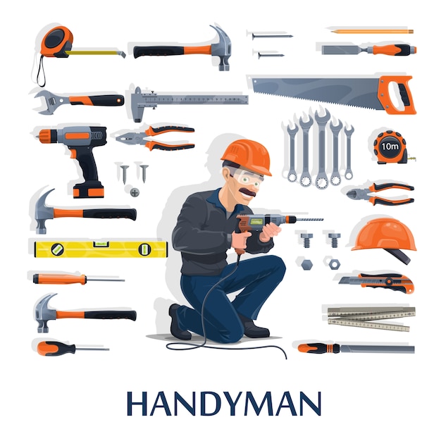 Manitas con dibujos animados de herramientas de trabajo de la industria de la construcción, reparación y renovación de viviendas. carácter de hombre constructor con destornilladores, martillos y taladro, casco, alicates, llave inglesa o llave inglesa