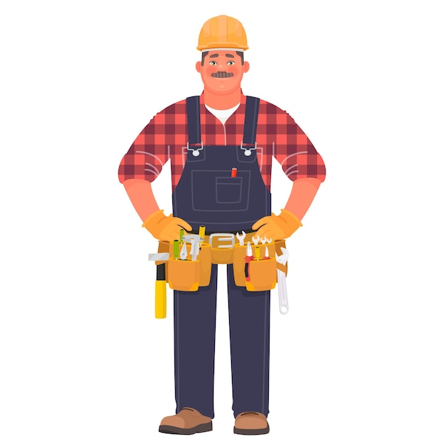 Manitas o constructor. Un hombre con un casco de construcción y ropa de trabajo con herramientas.