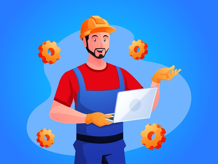 Vector manitas o reparador con laptop