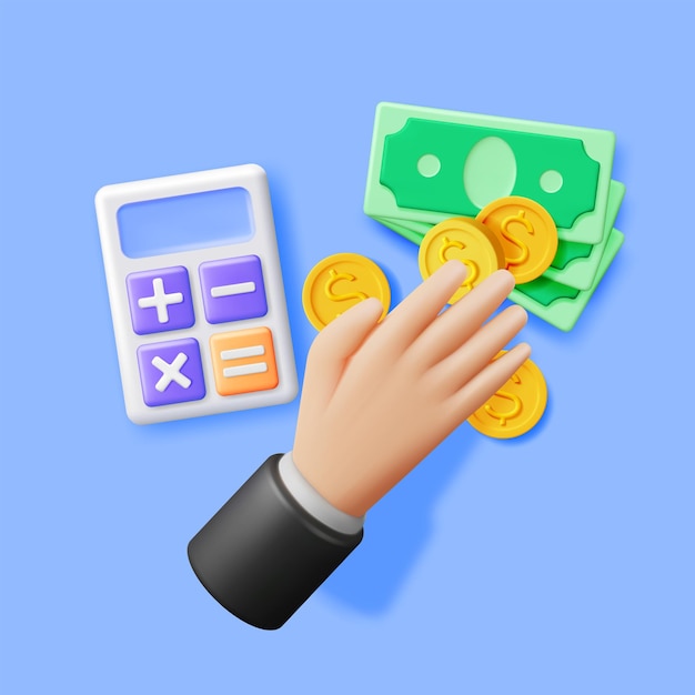 Mano 3D con calculadora y dinero en efectivo