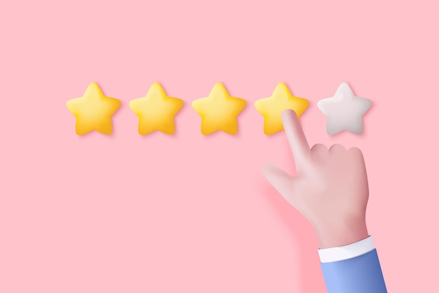Vector la mano en 3d otorga una calificación de cinco estrellas por la mejor calificación de servicios excelentes para la satisfacción 5 estrellas por la calidad de la calificación del cliente concepto de retroalimentación del cliente sobre la revisión del producto del empleado representación vectorial en 3d