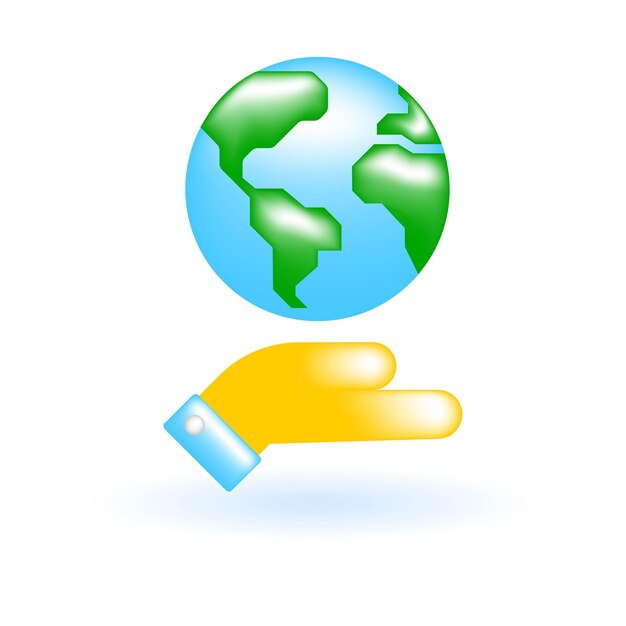 La mano 3d sostiene la tierra planeta mundo globo icono eco sostenibilidad medio ambiente concepto vidrio brillante plástico color lindo realista dibujos animados estilo minimal 3d render icon vectorial ux ui ilustración aislada