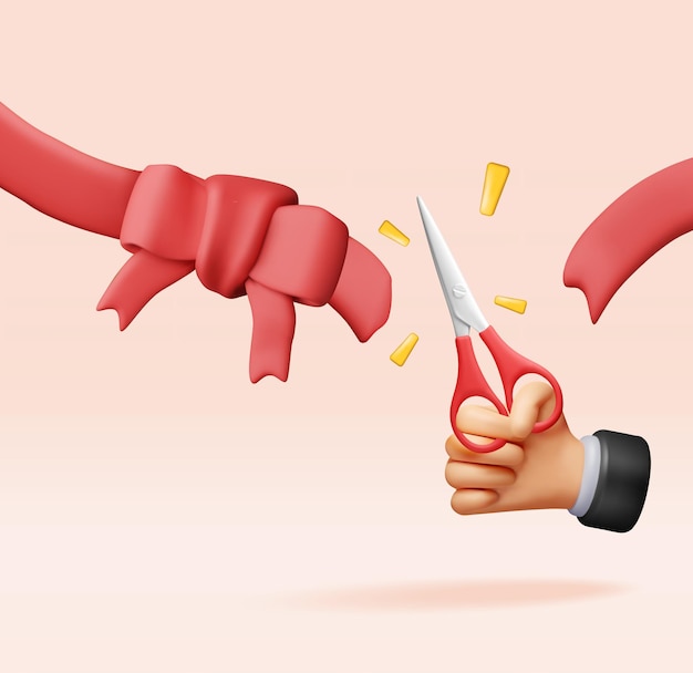 Mano 3D con tijeras cortada cinta roja con arco