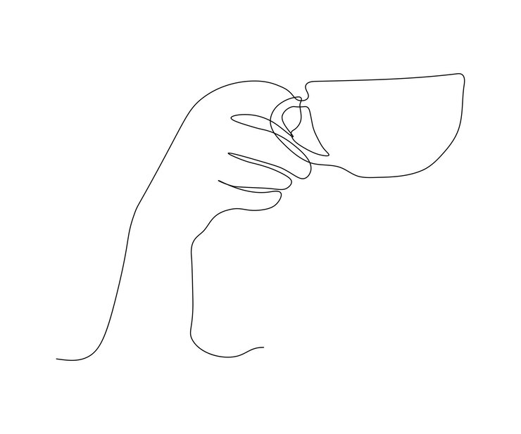Vector mano abstracta con una taza de café dibujada a mano línea mono continua dibujo de contorno de arte de una línea