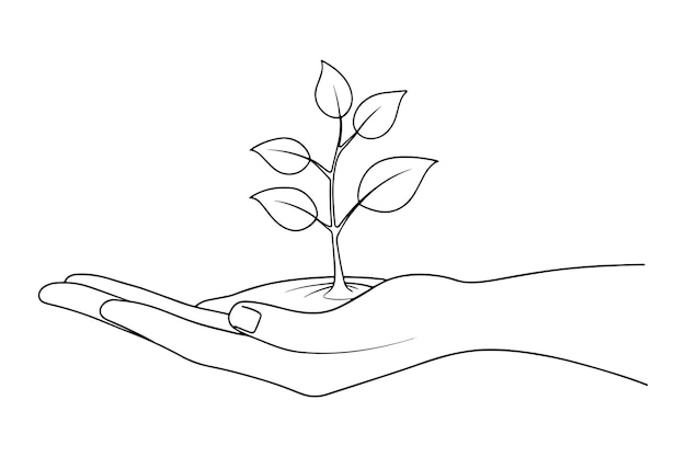 Una mano acuna suavemente una pequeña planta con un tallo verde vibrante que simboliza el crecimiento