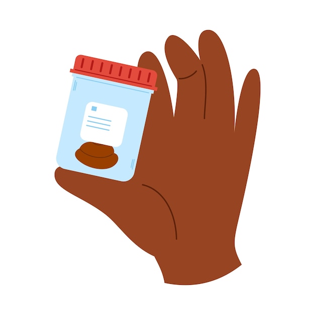 Mano africana sosteniendo un recipiente de plástico con muestra de heces en los dedos Análisis de heces xD