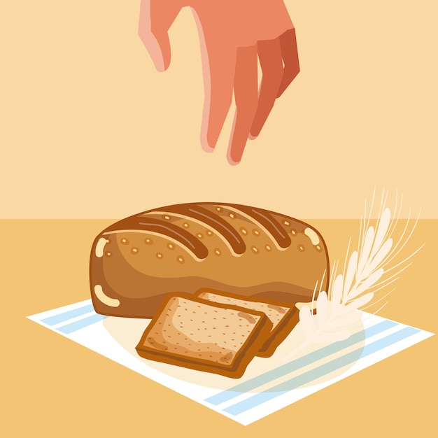 Vector mano agarrando deliciosos panes en mantel