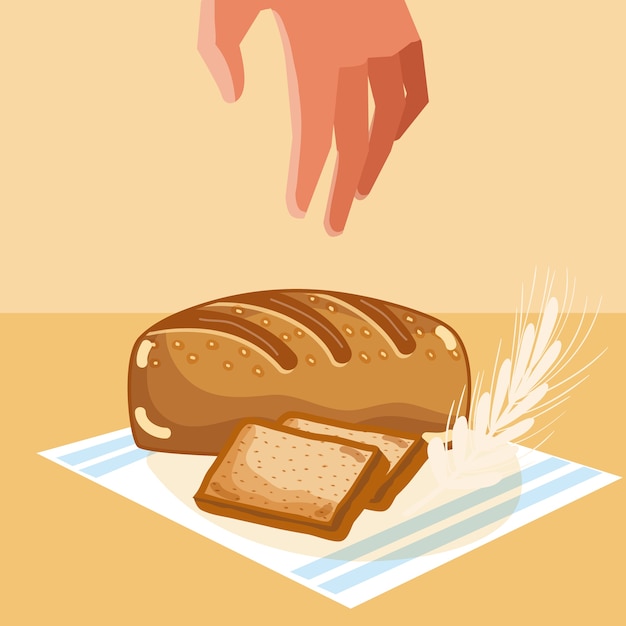 Mano agarrando deliciosos panes en mantel