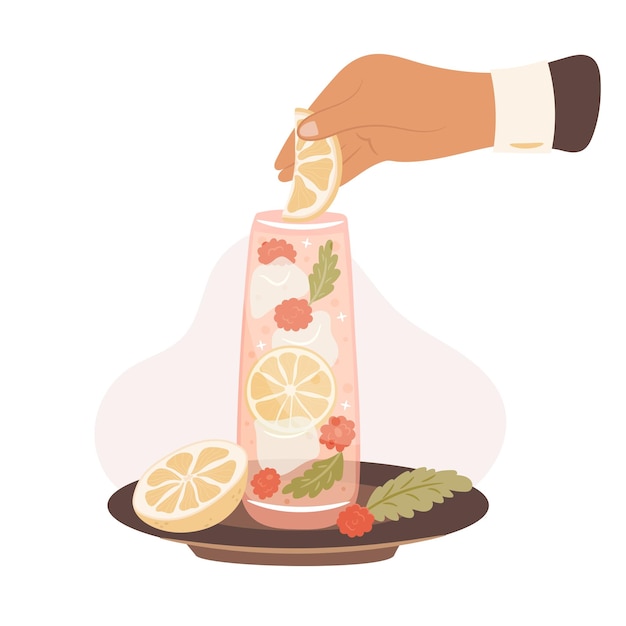 Mano agregando limón al vaso de limonada de hielo fresco Ilustración vectorial