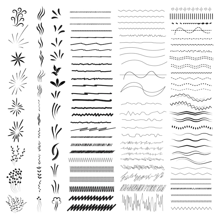 Vector la mano ahogada subrayó el icono del divisor de bordes, el conjunto de garabatos, los elementos, el diseño del marco.