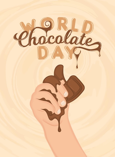 Mano aislada que sostiene un cartel del día mundial del chocolate feliz del chocolate Vector