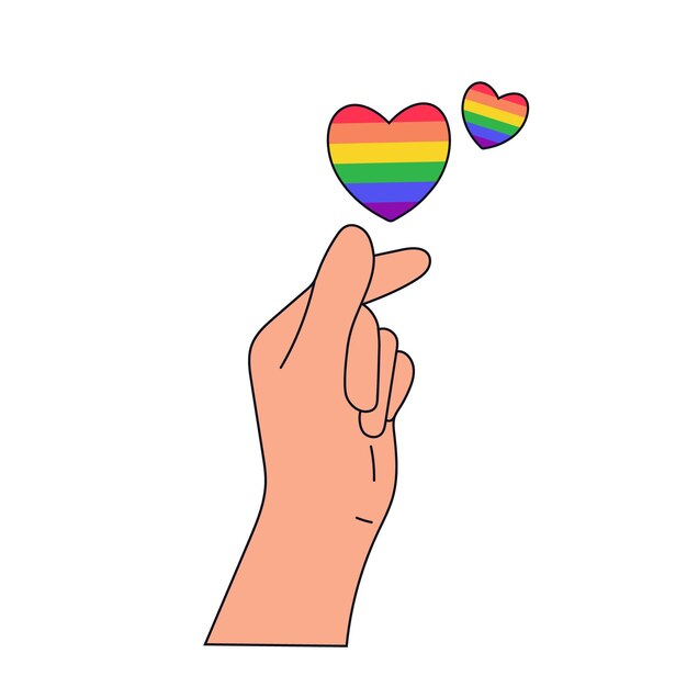 Mano aislada sostiene corazones en colores del arco iris sobre fondo blanco