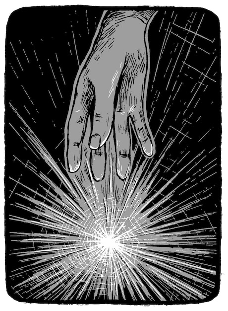 La mano alcanza la luz. Ilustración de vector dibujado a mano en colores monocromáticos. Dibujo gráfico retro abstracto aislado en blanco. Elemento único de diseño, decoración.