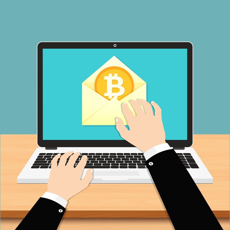 Vector la mano alcanzando el bitcoin en un sobre en la pantalla del portátil