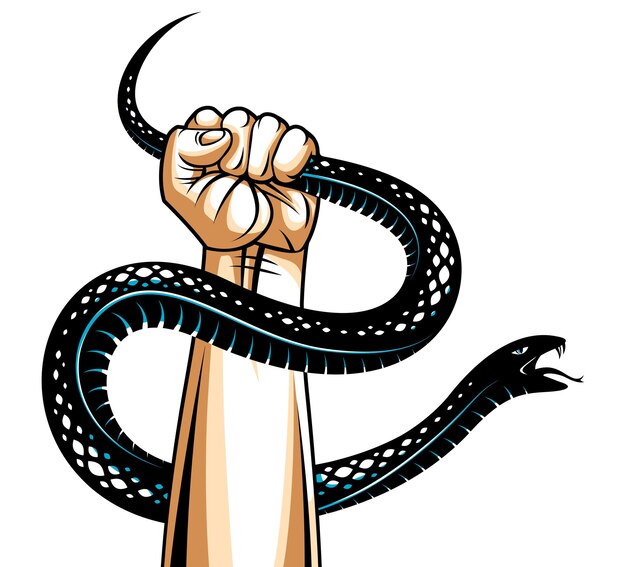 La mano aprieta una serpiente lucha contra el mal diablo y Satanás controlar su bestia interior arquetipo animal sombra vida es una lucha concepto vintage vector logotipo o tatuaje