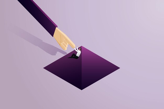 Mano apuntando a un hombre de negocios, culpa, matón, estrés, presión. ilustración vectorial isométrica.
