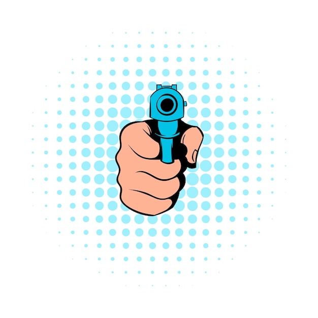Mano apuntando con el icono de la pistola en estilo cómic sobre un fondo blanco