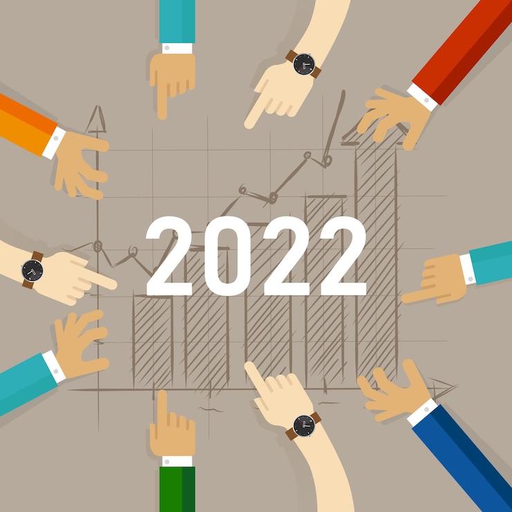 Vector mano apuntando juntos para el gráfico de crecimiento en 2022 esperar el número gráfico este año subiendo