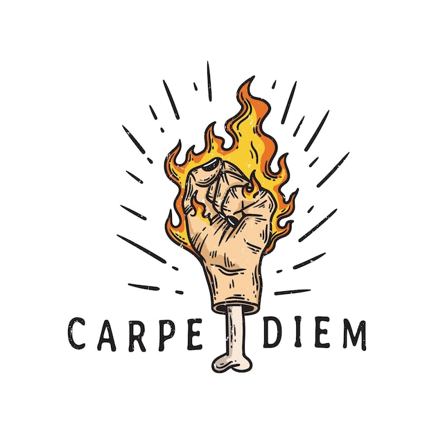 Mano ardiendo con cotizaciones carpe diem ilustración sobre fondo blanco.