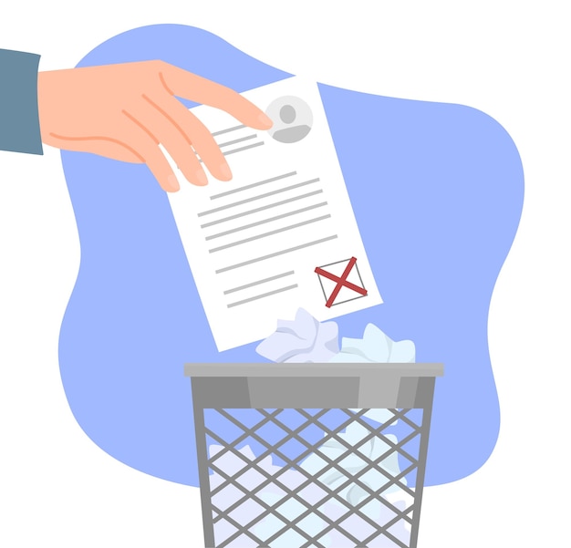 La mano arroja el documento a la basura El empresario rechaza el currículum del candidato para la vacante Trabajador y empleado Basura en la oficina Papelería y cartera de archivos Ilustración de vector plano de dibujos animados