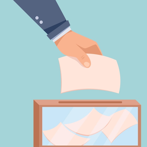La mano arroja la papeleta de voto en el estilo plano de la caja.