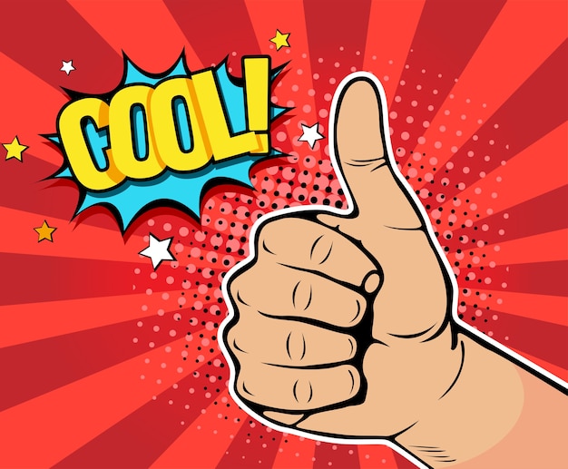 Mano del arte pop mostrando pulgar arriba con inscripción Cool