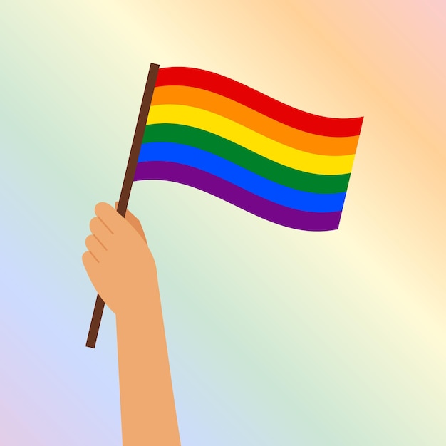 Una mano con una bandera LGBT sobre un suave fondo de arco iris Fondo del cartel de la pancarta del mes del orgullo