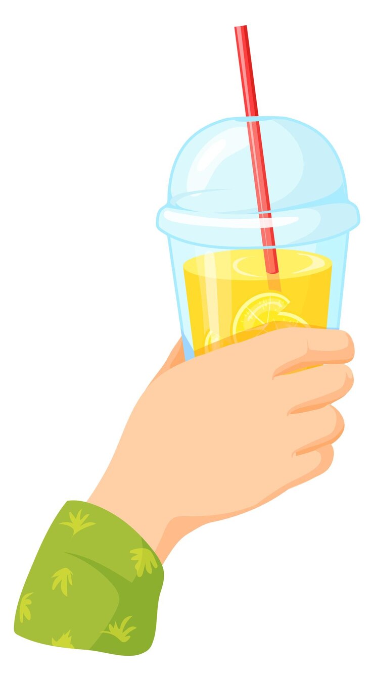 Vector mano con bebida de limonada en vaso de plástico y refresco de dibujos animados de paja