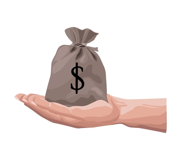 Mano con bolsa dinero icono dólar