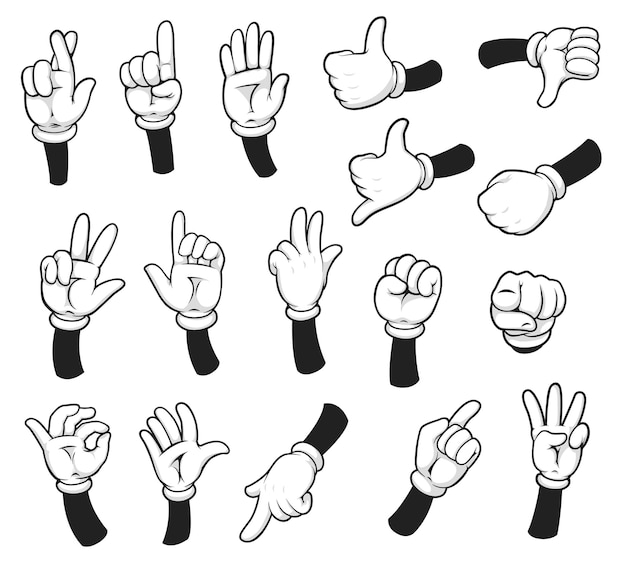 Mano y brazo de guante de dibujos animados, manos cómicas con gestos con los dedos. Vector palma mostrar, señalar, contar, sostener y representar los dedos y el pulgar hacia arriba aislados sobre fondo blanco. Palma enguantada humana gesticula