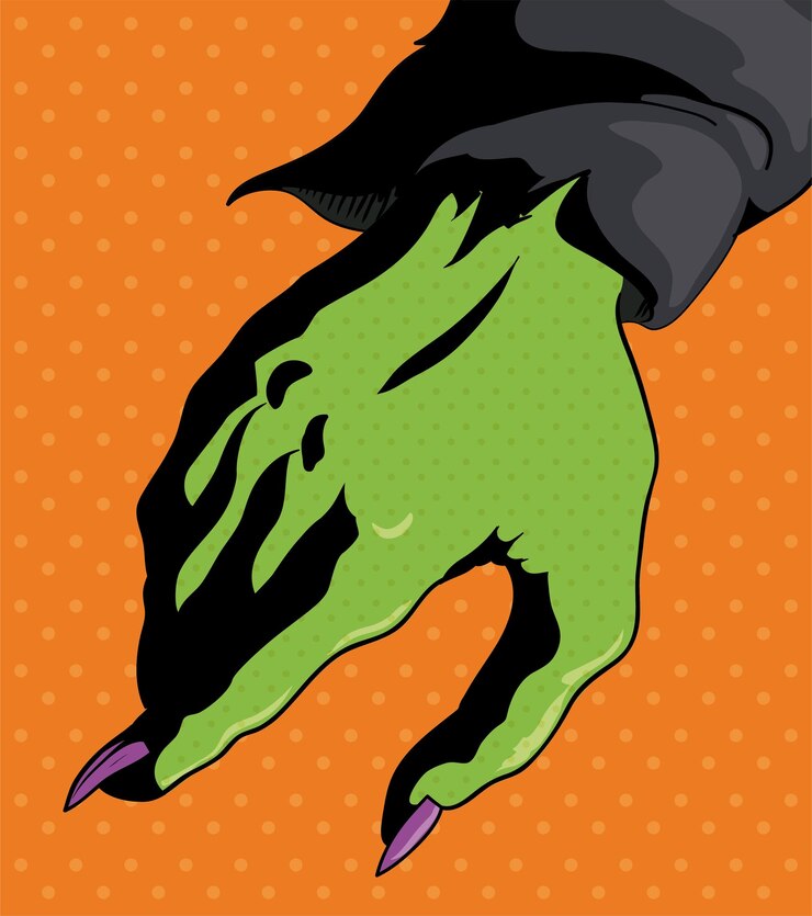 Vector mano de bruja de piel verde apuntando con efecto de semitono como estilo pop art
