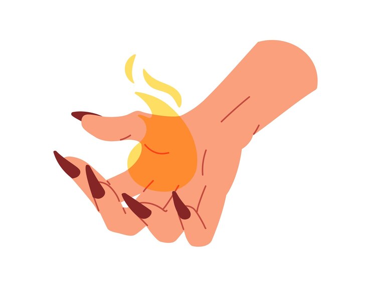 Vector la mano de la bruja sosteniendo y domesticando fuego ardiente ardiente bola de fuego poder místico magia negra energía brujería brujería y encanto símbolo conceptual ilustración vectorial plana aislada sobre fondo blanco