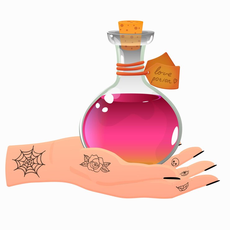 Vector la mano de la bruja sostiene una botella de poción con cráneo y huesos vector de ilustración de dibujos animados