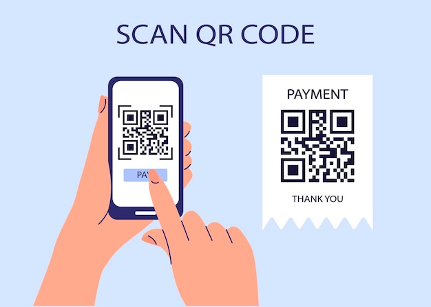 Mano de cámara de escaneo de código QR que sostiene el concepto de teléfono inteligente para el pago o todo. se puede utilizar para banner, plantilla de redes sociales, página de destino