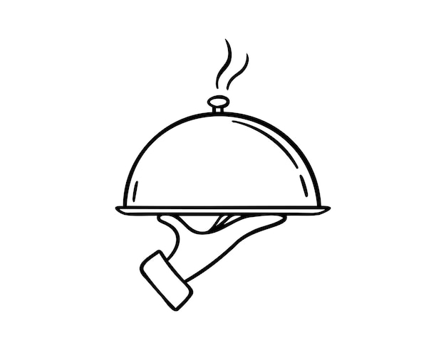 La mano del camarero sosteniendo la cloche sirviendo el plato garabateo del icono dibujado a mano dibujo del contorno del camarero manteniendo la mano